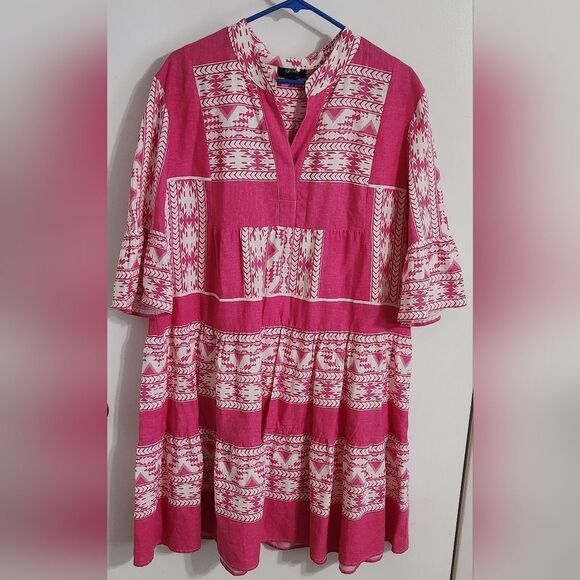 MSK Dress Womens  Pink Geo Aztec Linen Ruffle Tunic Boho Bohemian Western XL - Picture 1 of 7